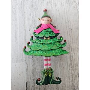 Elf tree girl ornament unique AS IS Xmas green glitter striped